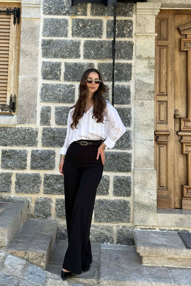 ONE COLOR WIDE LEG BELT DETAIL WOMAN TROUSERS BLACK/ E ZEZE - 3