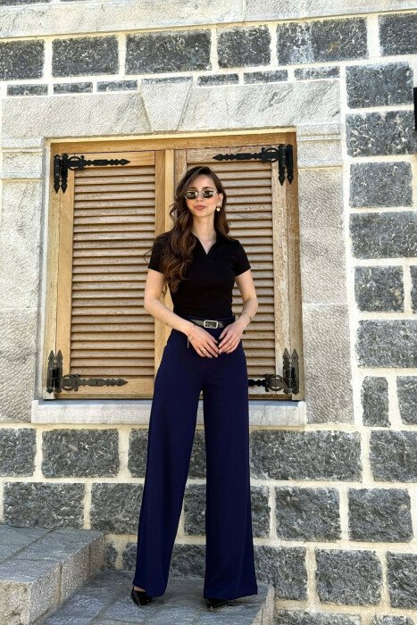 ONE COLOR WIDE LEG BELT DETAIL WOMAN TROUSERS BLUE/BLU - 1