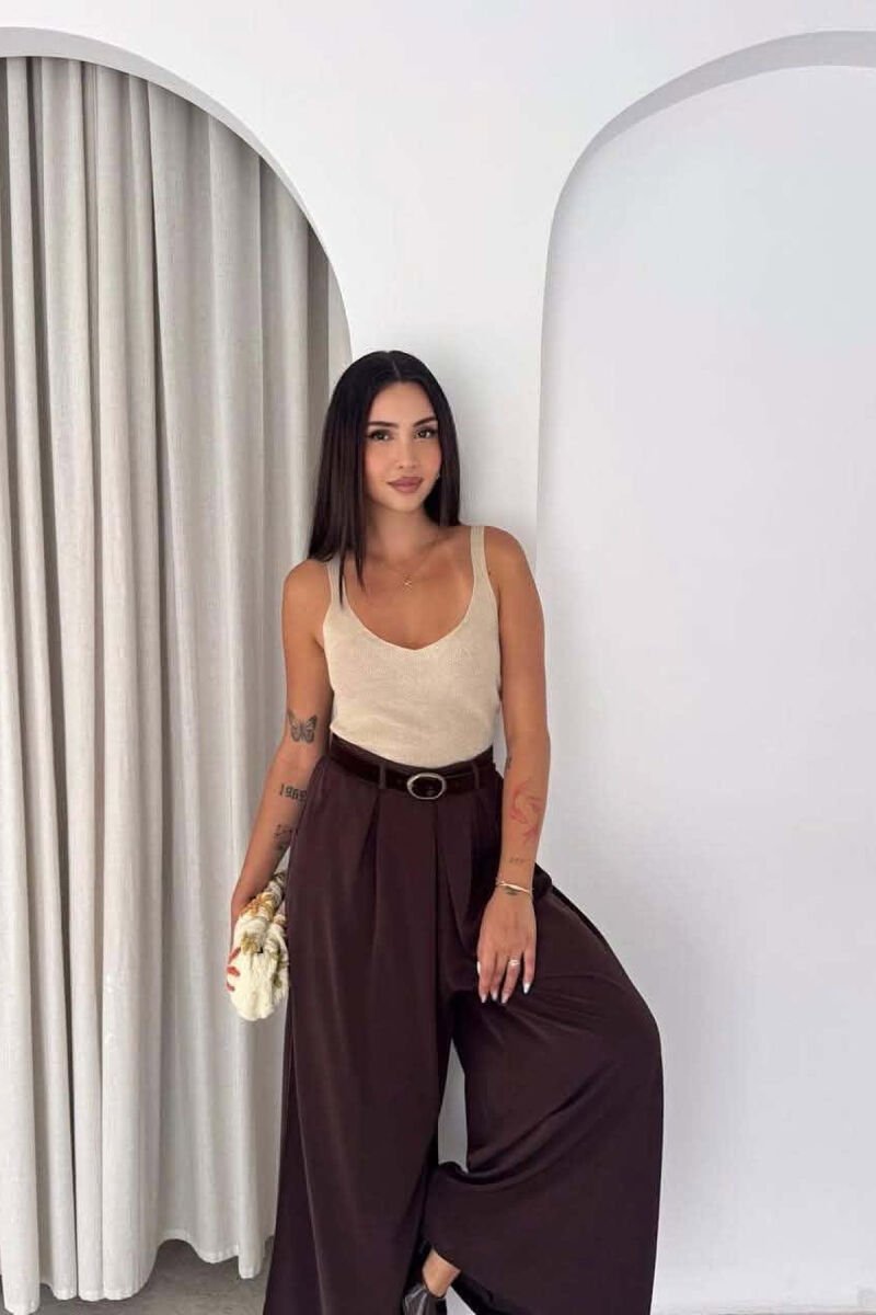 ONE COLOR WIDE LEG BELT DETAIL WOMAN TROUSERS BROWN/KAFE - 3