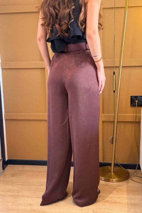 ONE COLOR WIDE LEG BELT DETAIL WOMAN TROUSERS BROWN/KAFE - 3