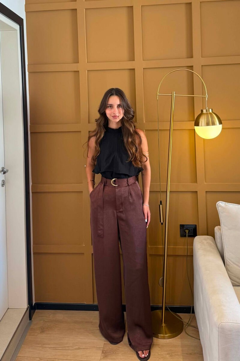 ONE COLOR WIDE LEG BELT DETAIL WOMAN TROUSERS BROWN/KAFE - 4