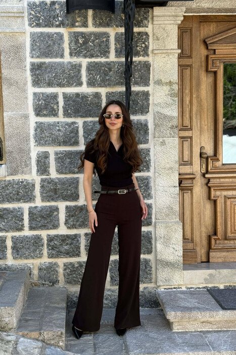 ONE COLOR WIDE LEG BELT DETAIL WOMAN TROUSERS DARK BROWN/KAE - 1