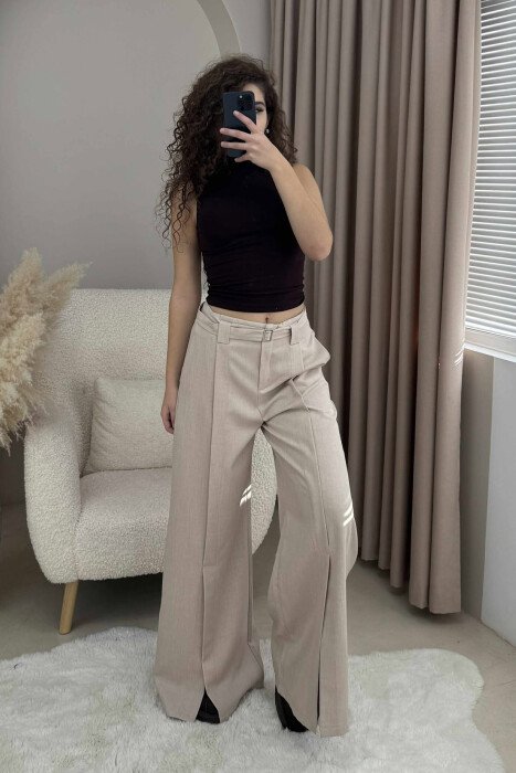 ONE COLOR WIDE LEG BELT DETAIL WOMEN TROUSERS BEIGE/BEZHE - 2