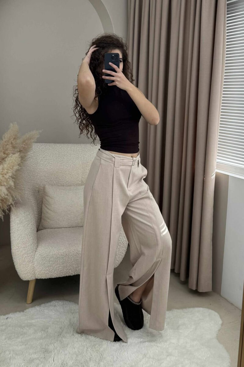 ONE COLOR WIDE LEG BELT DETAIL WOMEN TROUSERS BEIGE/BEZHE - 4