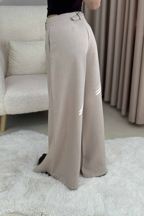 ONE COLOR WIDE LEG BELT DETAIL WOMEN TROUSERS BEIGE/BEZHE - 3
