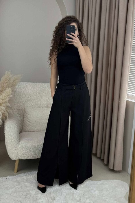 ONE COLOR WIDE LEG BELT DETAIL WOMEN TROUSERS BLACK/ E ZEZE - 2