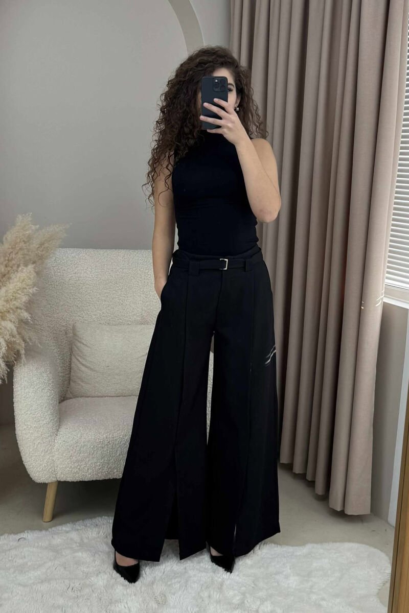 ONE COLOR WIDE LEG BELT DETAIL WOMEN TROUSERS BLACK/ E ZEZE - 2