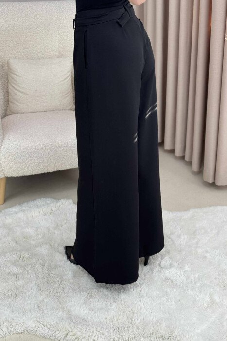 ONE COLOR WIDE LEG BELT DETAIL WOMEN TROUSERS BLACK/ E ZEZE - 3