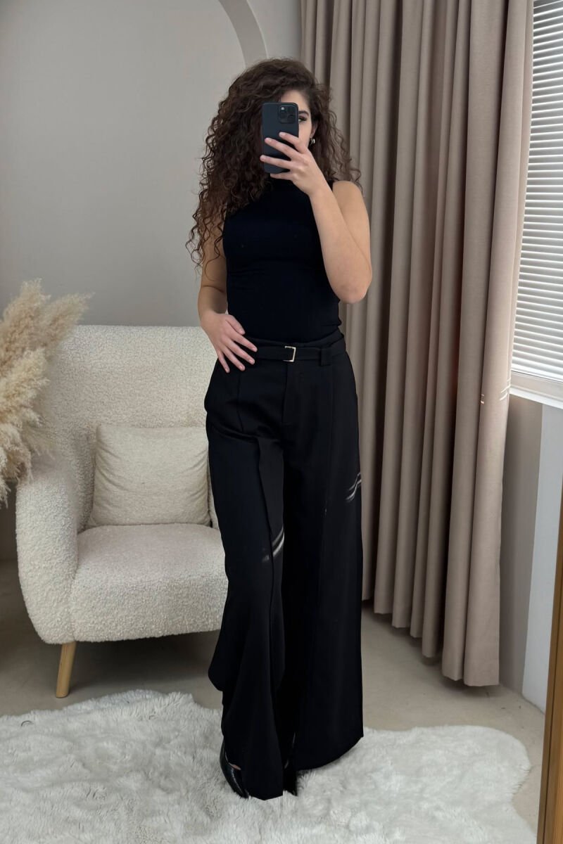 ONE COLOR WIDE LEG BELT DETAIL WOMEN TROUSERS BLACK/ E ZEZE - 4