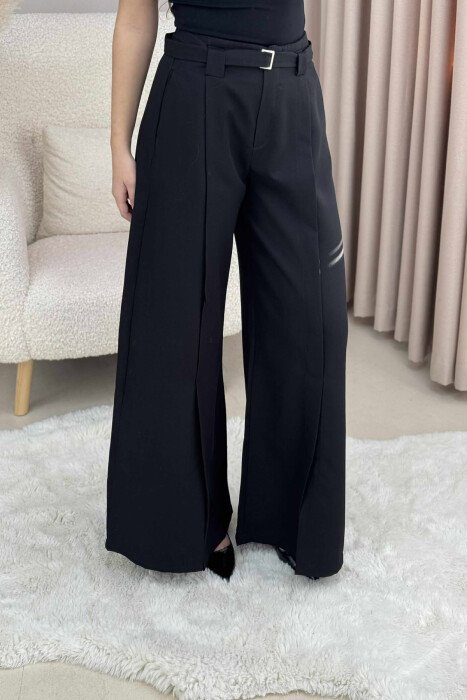 ONE COLOR WIDE LEG BELT DETAIL WOMEN TROUSERS BLACK/ E ZEZE 