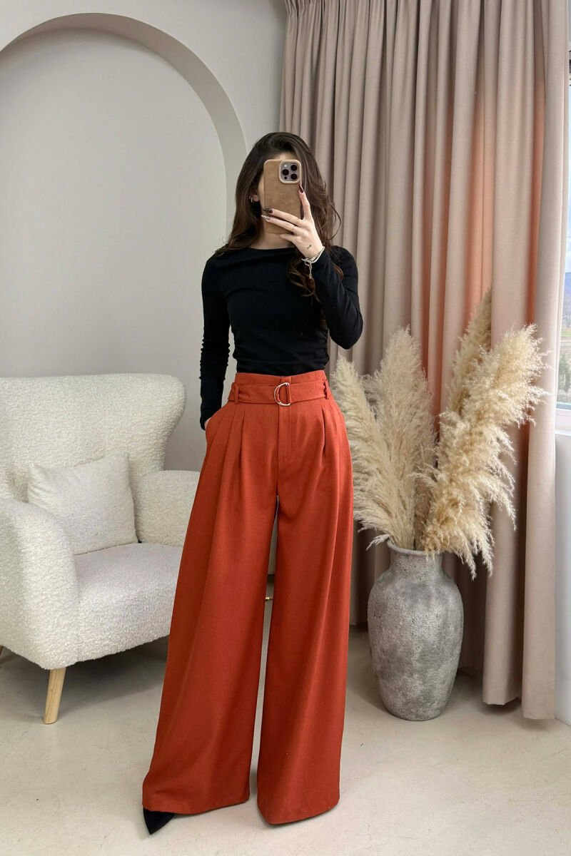 ONE COLOR WIDE LEG BELT DETAIL WOMEN TROUSERS BRICK/TULLE - 2
