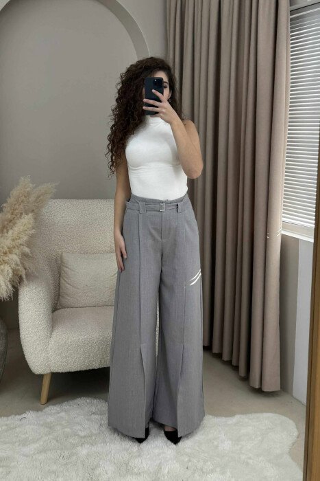 ONE COLOR WIDE LEG BELT DETAIL WOMEN TROUSERS LIGHT GREY/GZ - 2