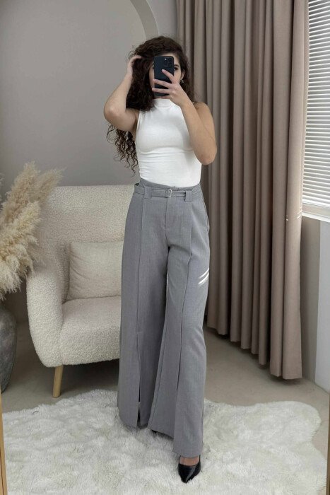 ONE COLOR WIDE LEG BELT DETAIL WOMEN TROUSERS LIGHT GREY/GZ - 3