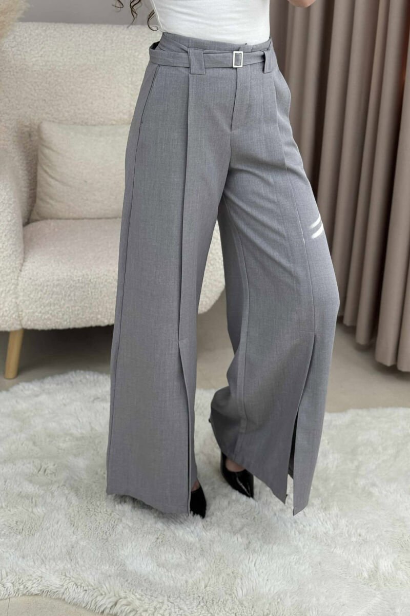 ONE COLOR WIDE LEG BELT DETAIL WOMEN TROUSERS LIGHT GREY/GZ - 1