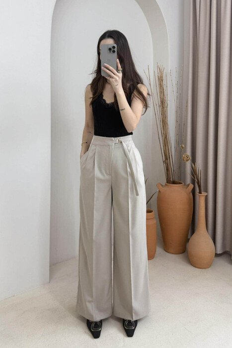 ONE COLOR WIDE LEG BELT WOMEN TROUSERS BEIGE/BEZHE 