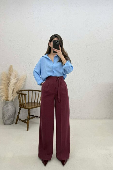 ONE COLOR WIDE LEG BELT WOMEN TROUSERS BURGUNDY/VISHNJE - 1