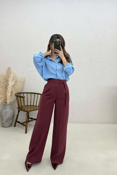 ONE COLOR WIDE LEG BELT WOMEN TROUSERS BURGUNDY/VISHNJE - 5