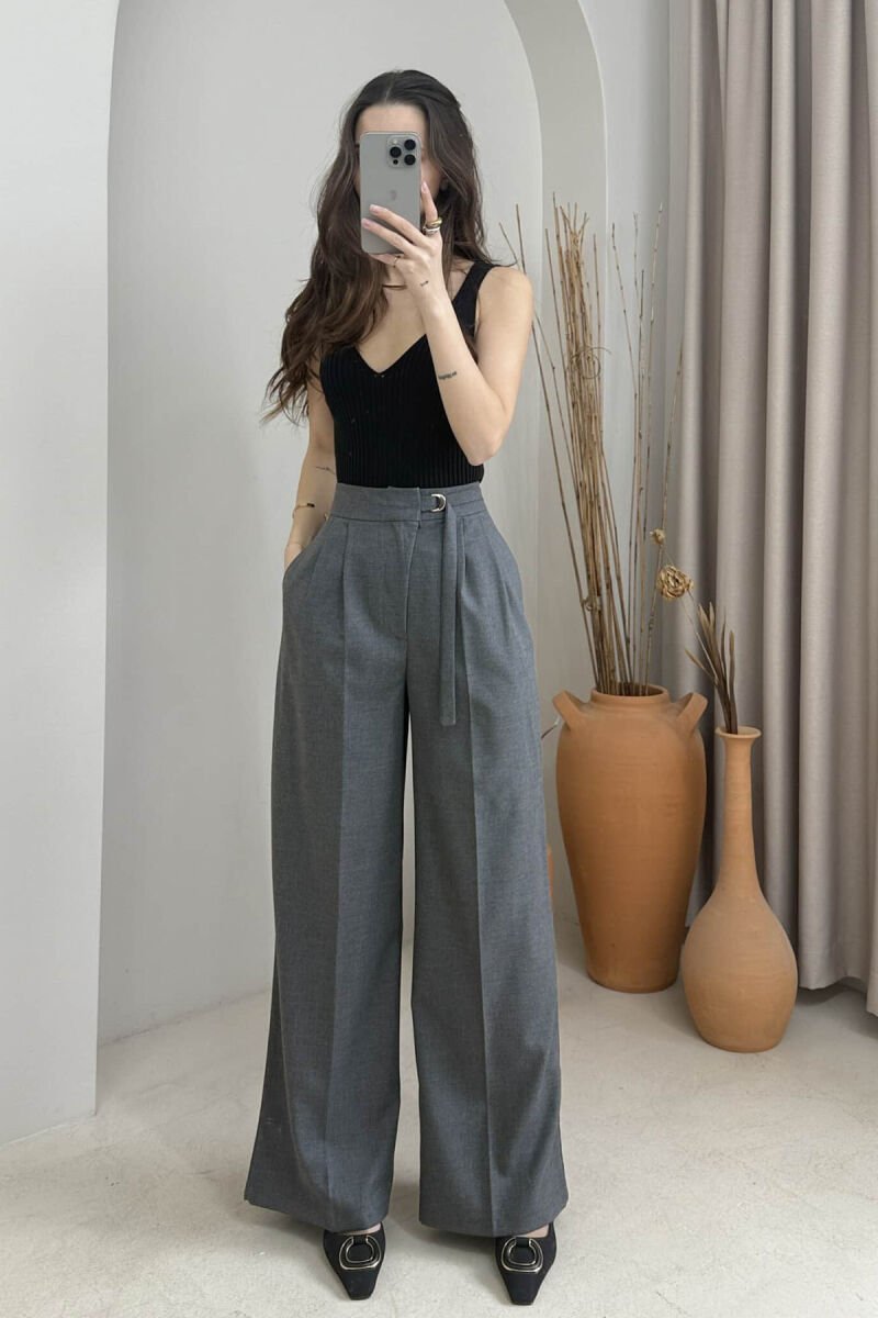 ONE COLOR WIDE LEG BELT WOMEN TROUSERS DARK GREY/GEE - 1