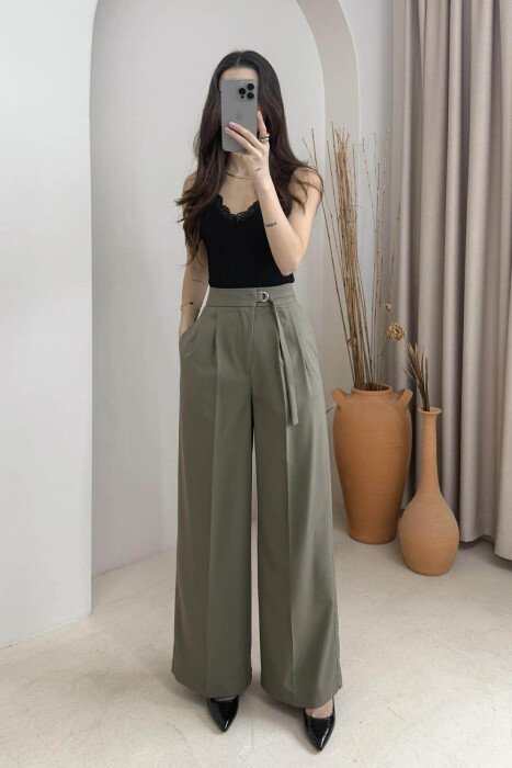 ONE COLOR WIDE LEG BELT WOMEN TROUSERS OLIVE/ULLI - 1