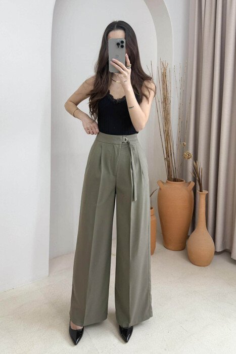 ONE COLOR WIDE LEG BELT WOMEN TROUSERS OLIVE/ULLI - 2