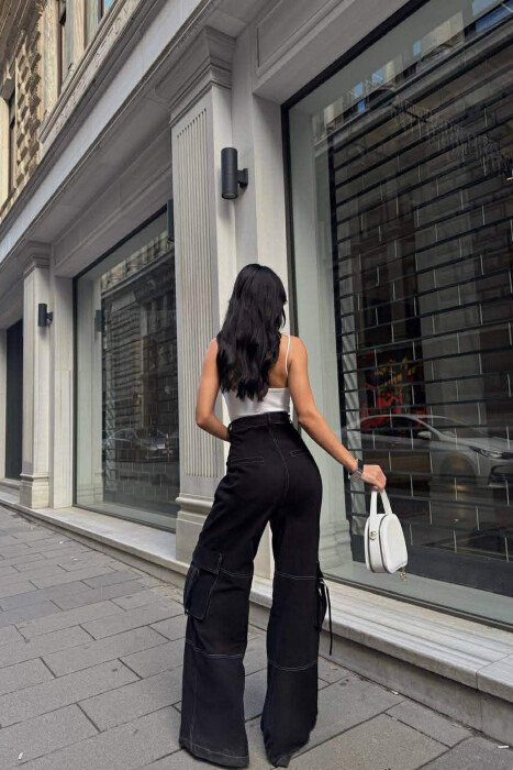 ONE COLOR WIDE LEG CARGO WOMEN JEANS BLACK/ E ZEZE - 6