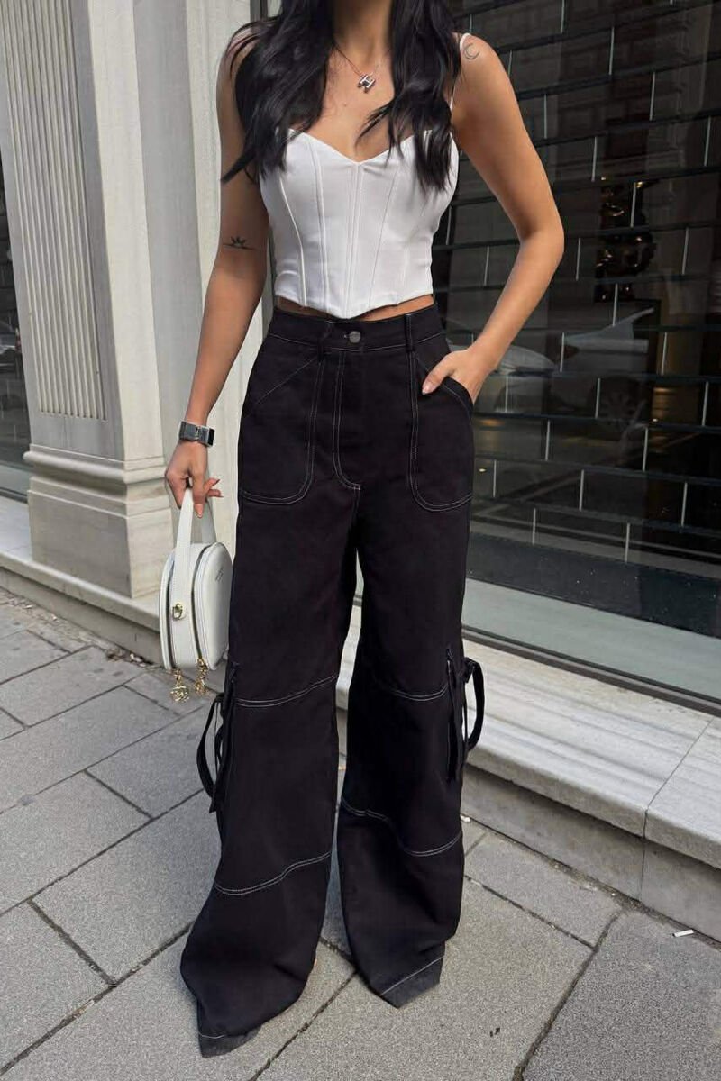 ONE COLOR WIDE LEG CARGO WOMEN JEANS BLACK/ E ZEZE - 1