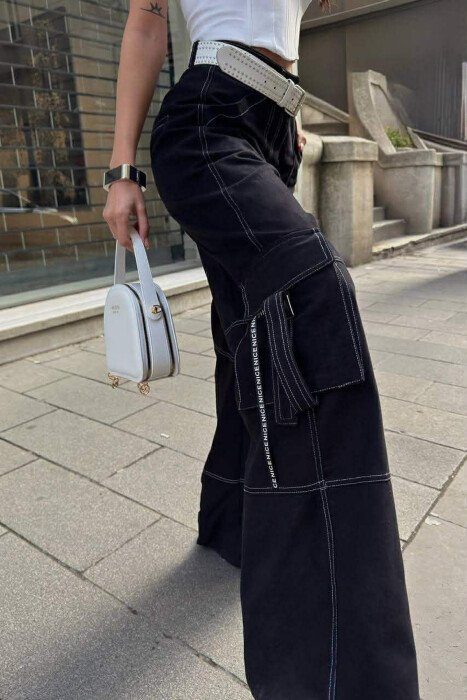 ONE COLOR WIDE LEG CARGO WOMEN JEANS BLACK/ E ZEZE - 3