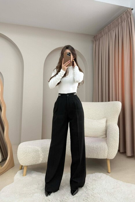ONE COLOR WIDE LEG CHAIN DETAILS WOMEN TROUSERS BLACK/ E ZEZE - 1