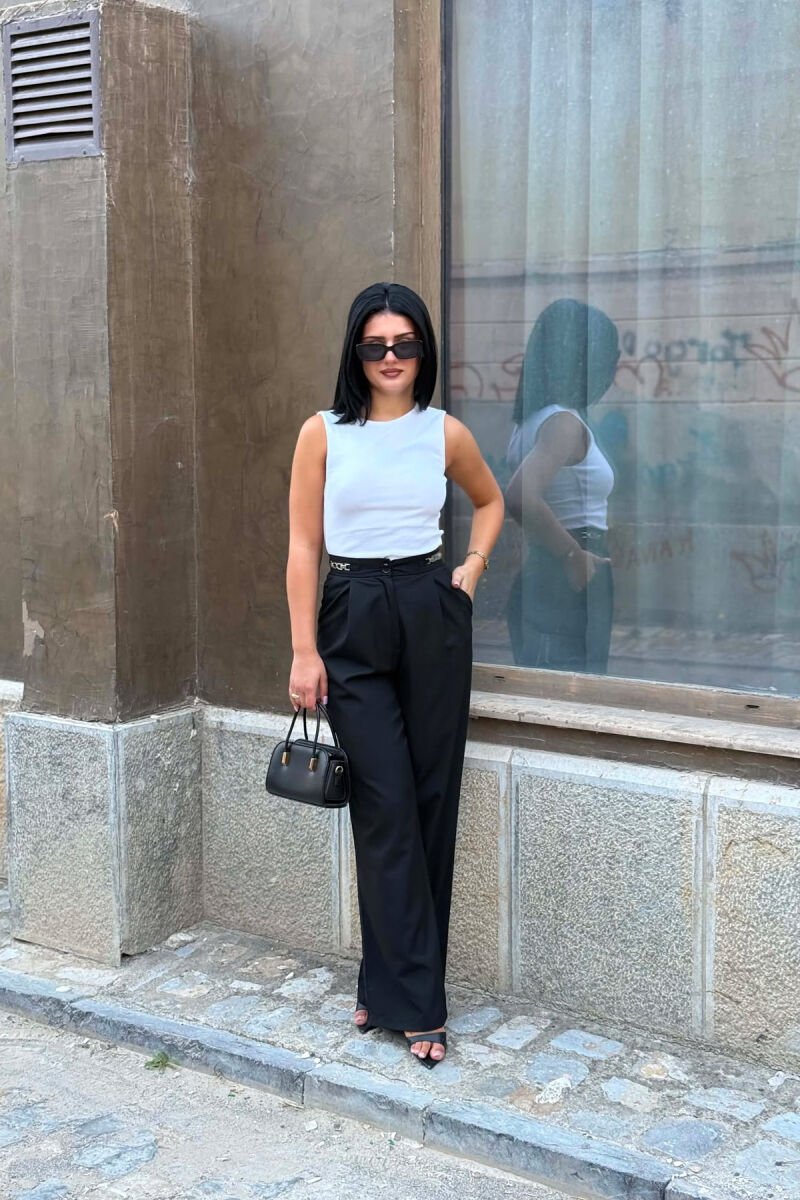 ONE COLOR WIDE LEG CHAIN DETAILS WOMEN TROUSERS BLACK/ E ZEZE - 1