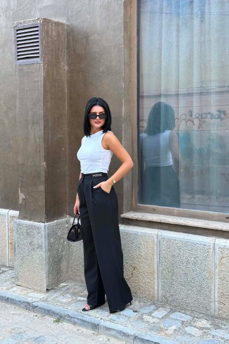 ONE COLOR WIDE LEG CHAIN DETAILS WOMEN TROUSERS BLACK/ E ZEZE - 2