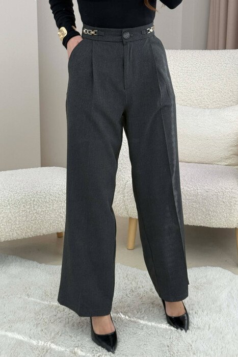 ONE COLOR WIDE LEG CHAIN DETAILS WOMEN TROUSERS DARK GREY/GEE - 3