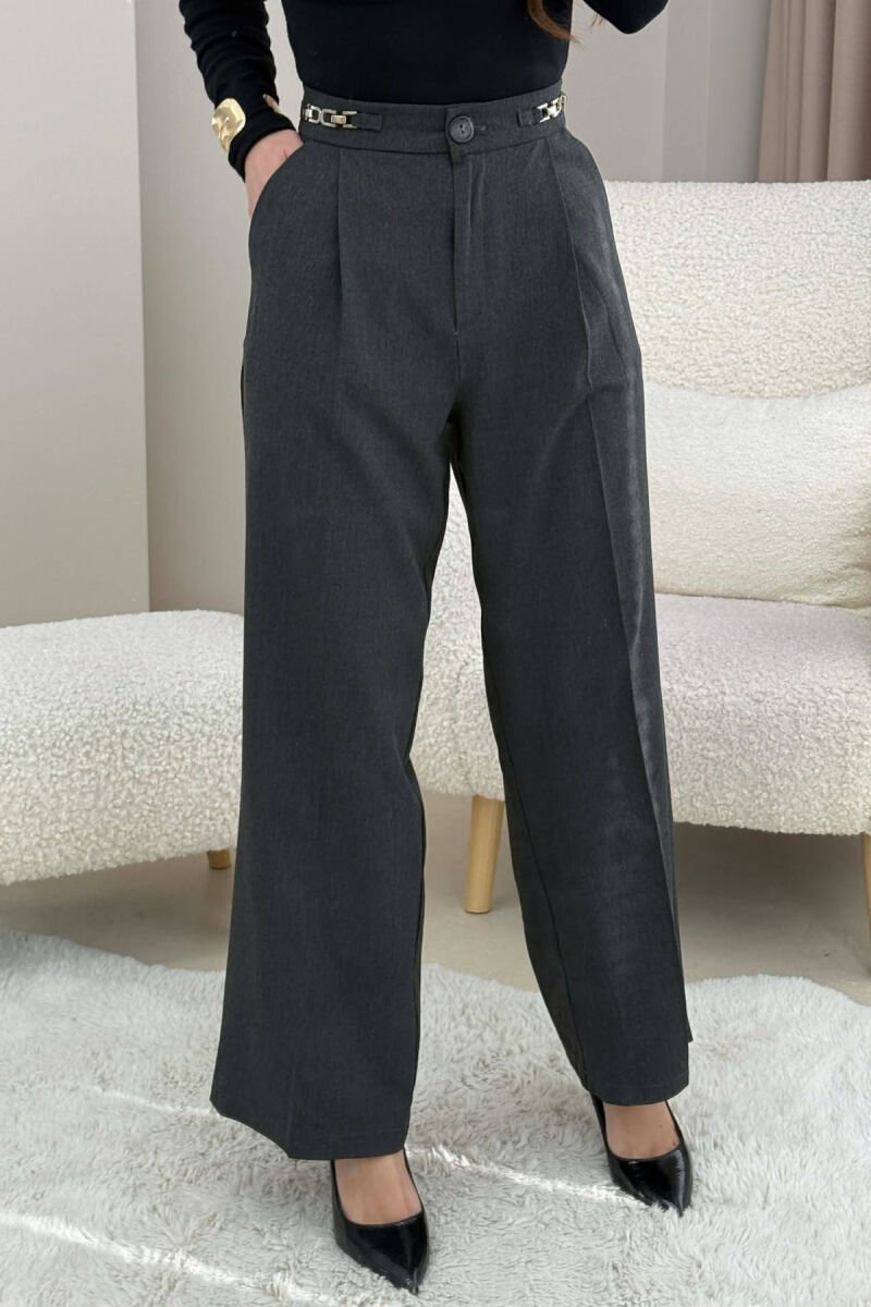 ONE COLOR WIDE LEG CHAIN DETAILS WOMEN TROUSERS DARK GREY/GEE - 3