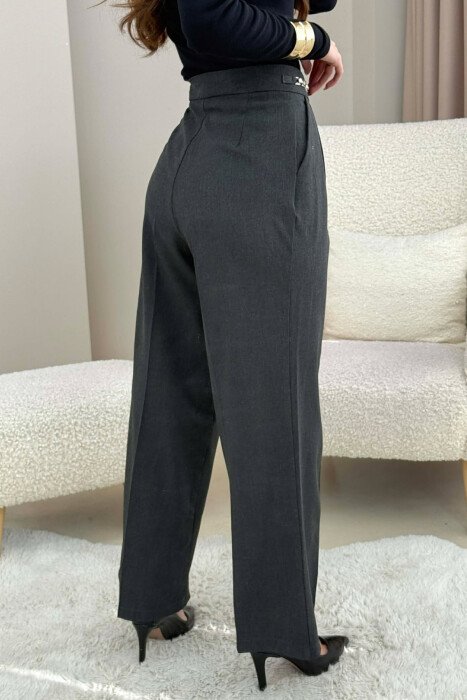 ONE COLOR WIDE LEG CHAIN DETAILS WOMEN TROUSERS DARK GREY/GEE - 4