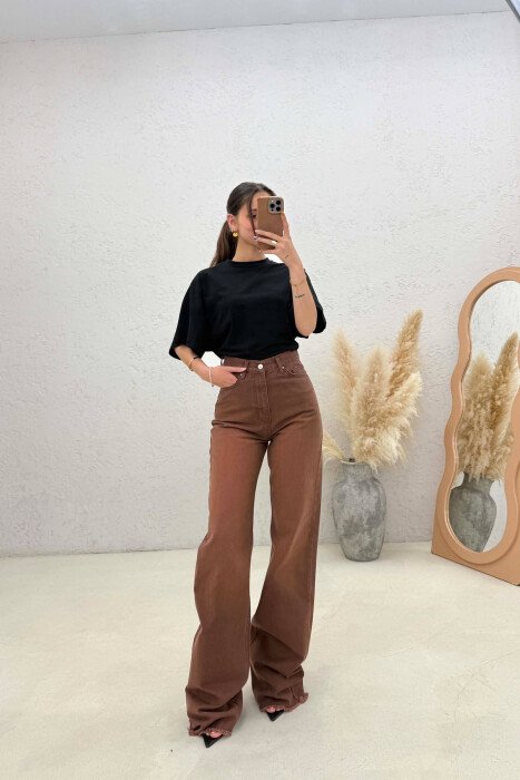 ONE COLOR WIDE LEG CUT OFF EDGES WOMEN JEANS BROWN/KAFE - KLAUDIO FASHION