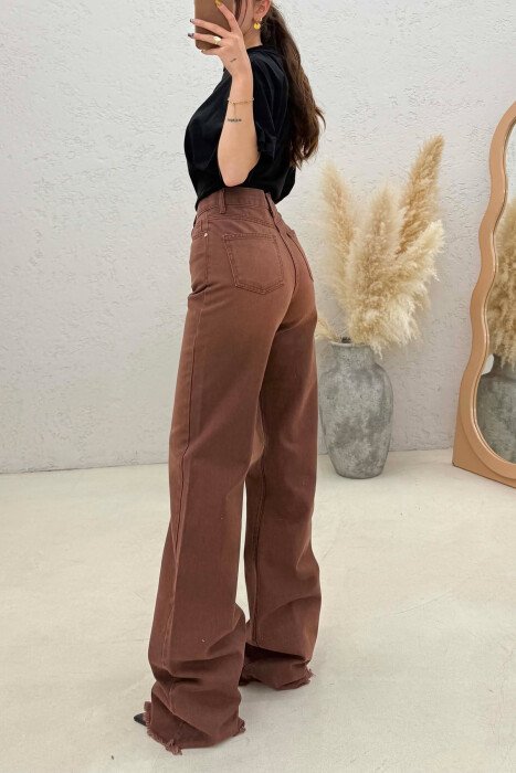 ONE COLOR WIDE LEG CUT OFF EDGES WOMEN JEANS BROWN/KAFE - 2