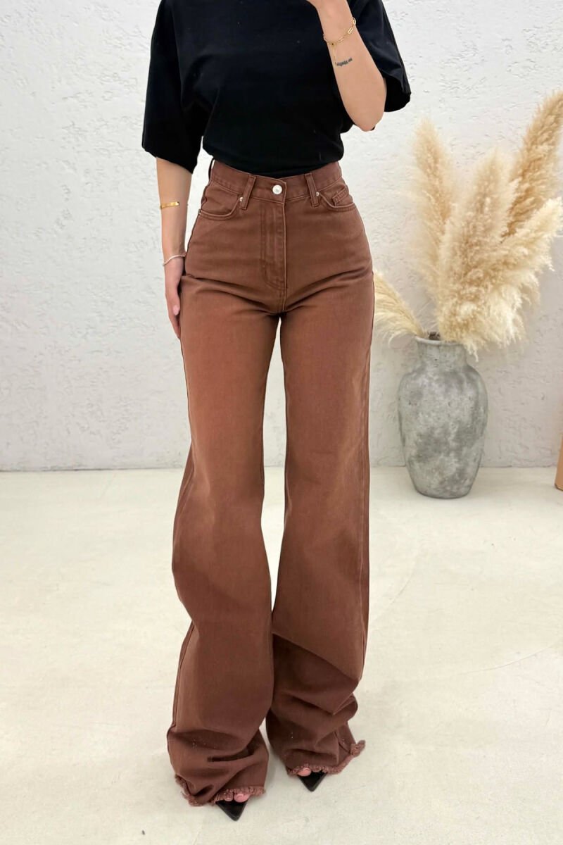 ONE COLOR WIDE LEG CUT OFF EDGES WOMEN JEANS BROWN/KAFE - 3