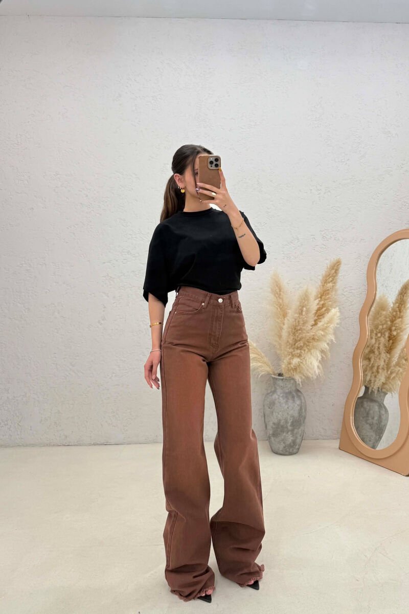 ONE COLOR WIDE LEG CUT OFF EDGES WOMEN JEANS BROWN/KAFE - 4