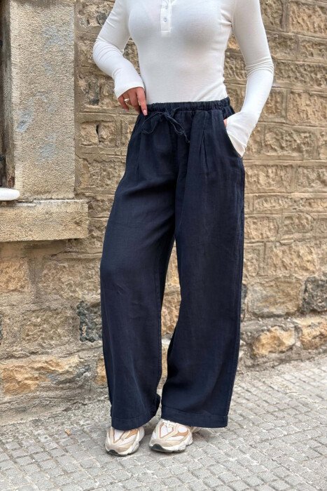 ONE COLOR WIDE LEG ELASTIC WAIST WOMAN TROUSERS BLUE/BLU - 4