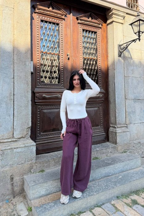 ONE COLOR WIDE LEG ELASTIC WAIST WOMAN TROUSERS DARK PURPLE/LEJLA ERRET - KLAUDIO FASHION