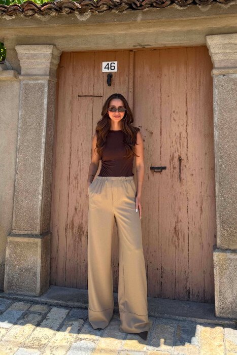 ONE COLOR WIDE LEG ELASTIC WAIST WOMEN TROUSERS BEIGE/BEZHE 