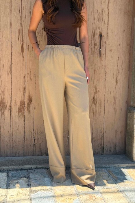 ONE COLOR WIDE LEG ELASTIC WAIST WOMEN TROUSERS BEIGE/BEZHE - 4