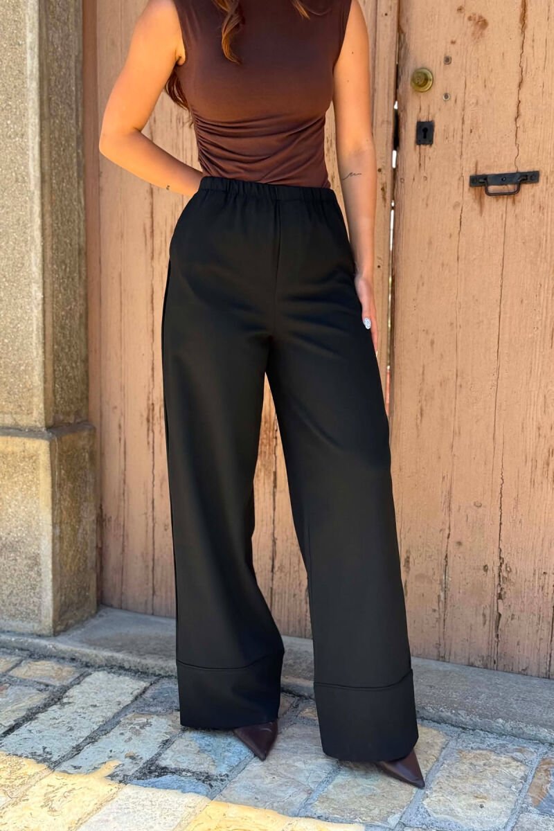 ONE COLOR WIDE LEG ELASTIC WAIST WOMEN TROUSERS BLACK/ E ZEZE - 2