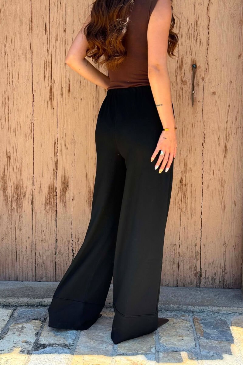 ONE COLOR WIDE LEG ELASTIC WAIST WOMEN TROUSERS BLACK/ E ZEZE - 3
