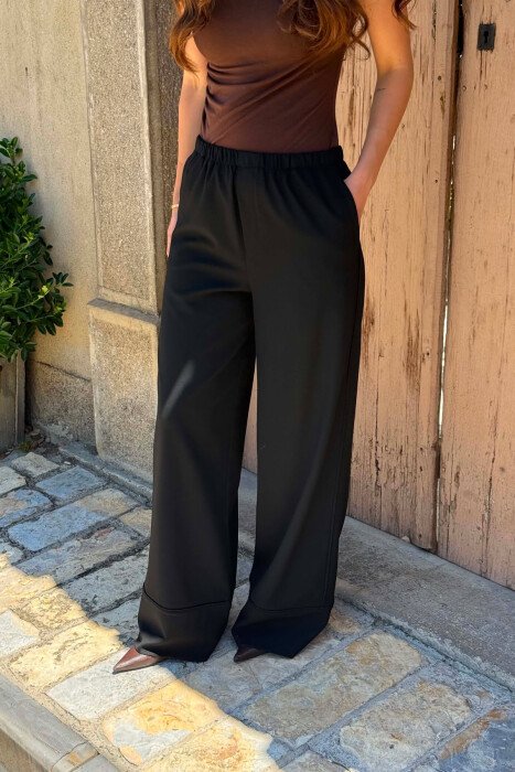 ONE COLOR WIDE LEG ELASTIC WAIST WOMEN TROUSERS BLACK/ E ZEZE - 4