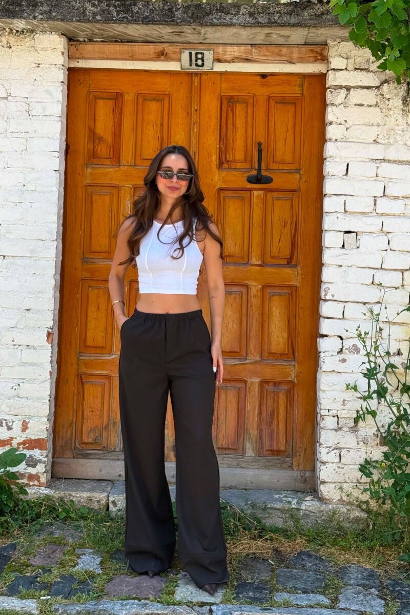 ONE COLOR WIDE LEG ELASTIC WAIST WOMEN TROUSERS BROWN/KAFE - 1