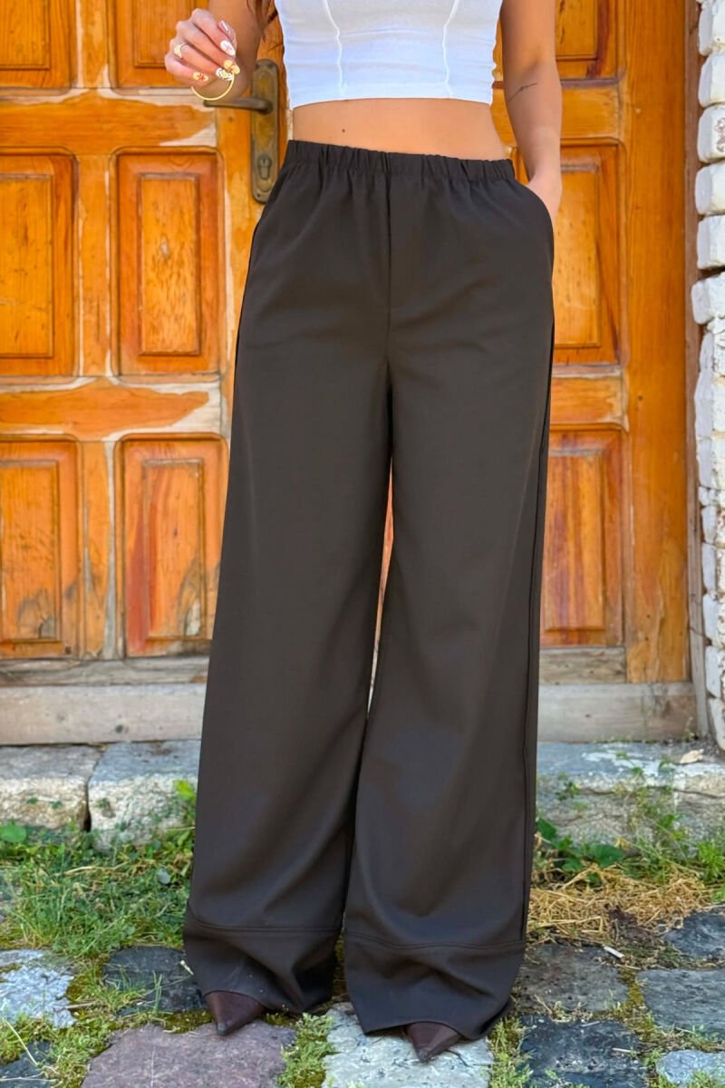 ONE COLOR WIDE LEG ELASTIC WAIST WOMEN TROUSERS BROWN/KAFE - 5