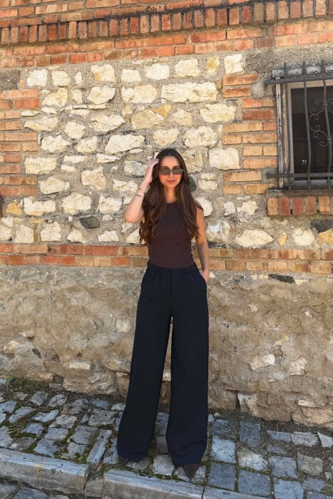 ONE COLOR WIDE LEG ELASTIC WAIST WOMEN TROUSERS DARK BLUE/BEE 