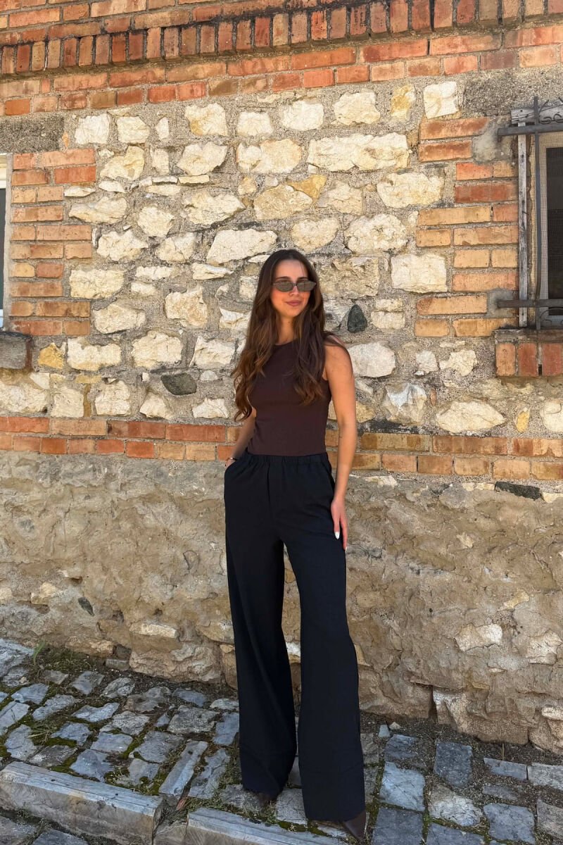 ONE COLOR WIDE LEG ELASTIC WAIST WOMEN TROUSERS DARK BLUE/BEE - 2