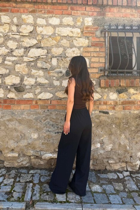 ONE COLOR WIDE LEG ELASTIC WAIST WOMEN TROUSERS DARK BLUE/BEE - 5