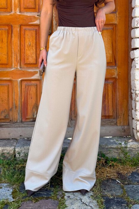 ONE COLOR WIDE LEG ELASTIC WAIST WOMEN TROUSERS GREY/GRI - 3
